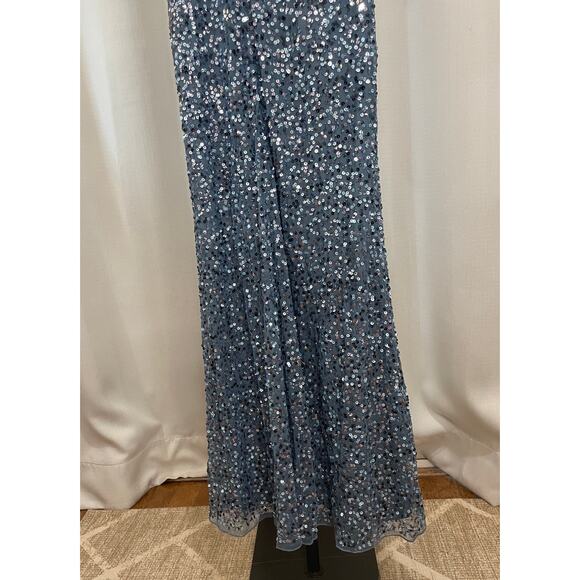 Mac Duggal Blue Draped Sleeve V-Neck Gown Slate Blue 5640 Size 4 NWT Sequins - Picture 16 of 16